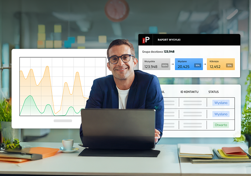Mężczyzna w biurze analizujący dane z nowych raportów iPresso Marketing Automation.