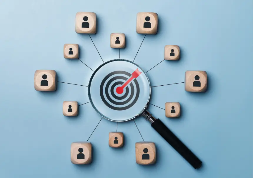 Lupa z tarczą strzelniczą otoczona drewnianymi klockami z ikonami ludzi - ilustracja hiperpersonalizacji i precyzyjnego targetowania kontaktów w marketing automation