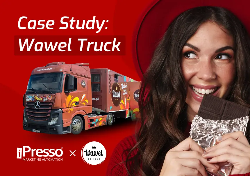Case study iPresso i Wawel – ciężarówka Wawel Truck z brandingiem marki oraz kobieta jedząca czekoladę Wawel na czerwonym tle